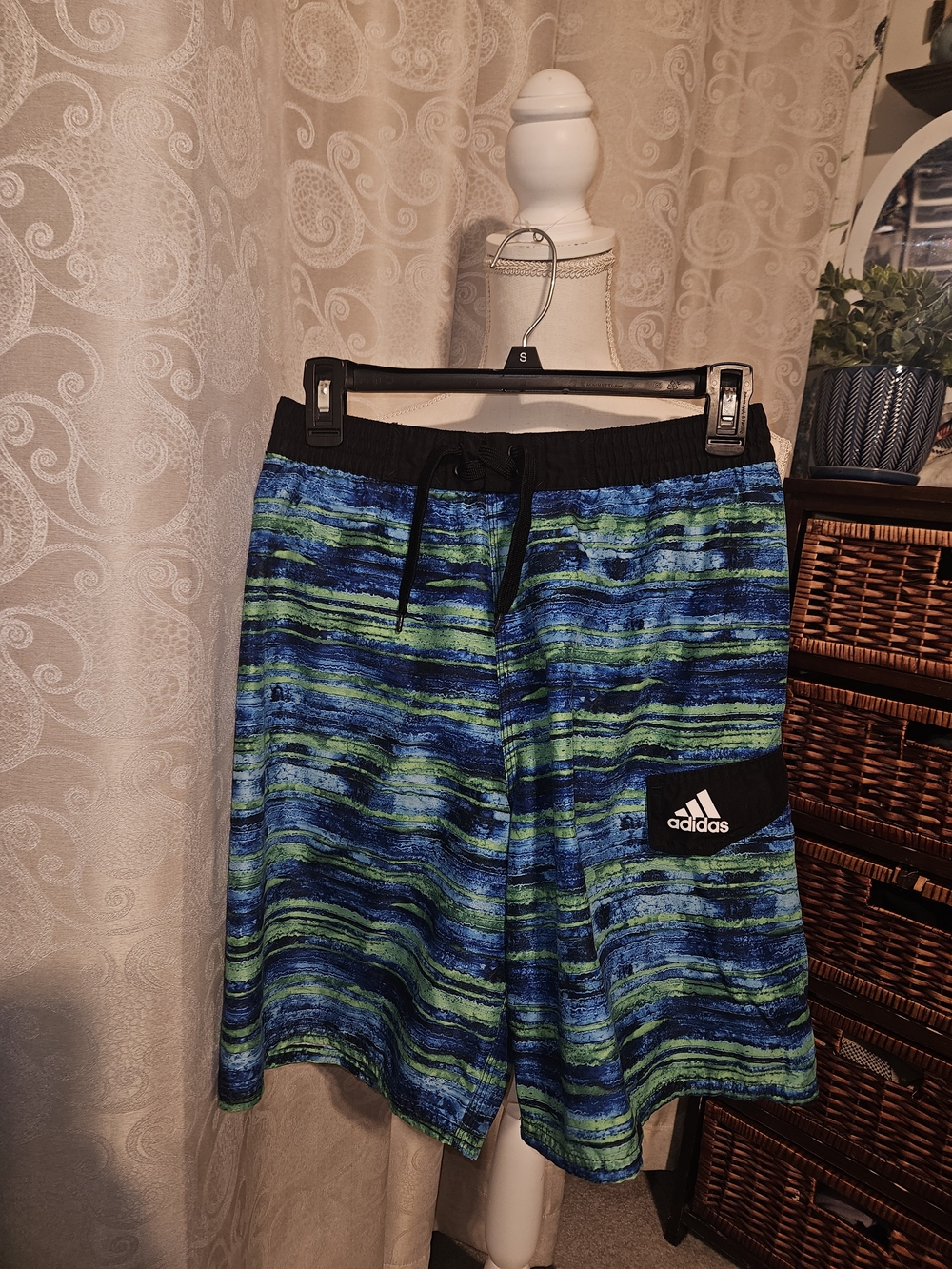 adidas Boy’s Blue & Green Striped Athletic Swim Shorts